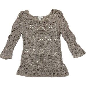Vintage Coldwater Creek Cotton Nylon Crochet Rag Sweater Beige Tan Bell Sleeve S